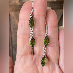 Handmade Real Peridot and 925 Sterling Silver Drop Double Tier Earrings